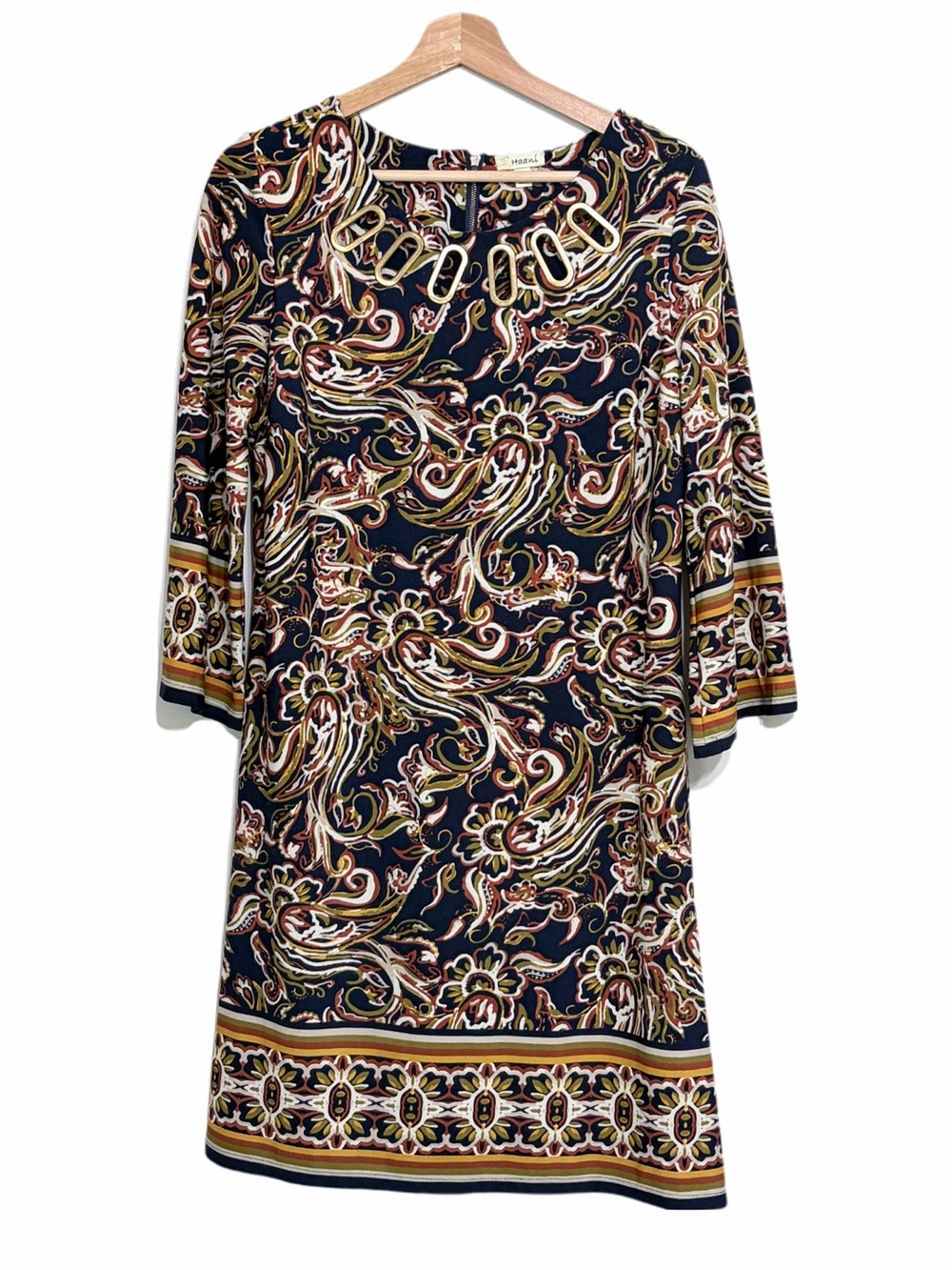 Haani Navy Multicolor Paisley Shift Dress 
Size Large 3/4 sleeves